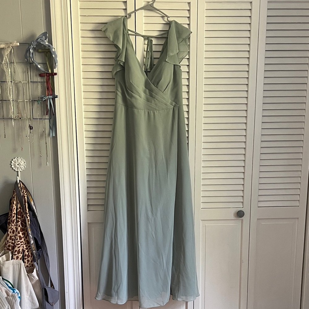 Azazie Sage Green Maxi Dress with Ruffle Shoulders